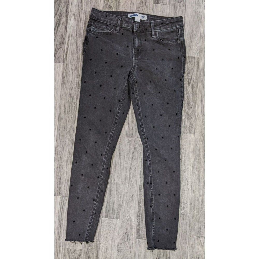 (3/$35) Old Navy Size 6 Polka Dot Black Super‎ Skinny Ankle Fringe Denim Jeans